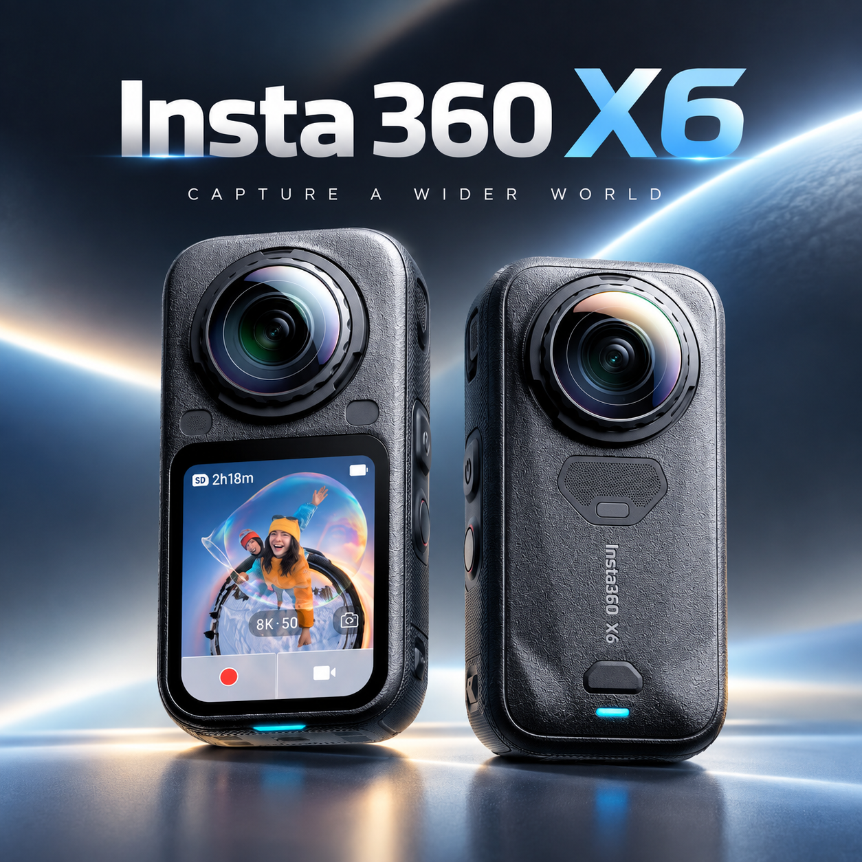 User-provided Insta360 X6 promotional image showing two views of a 360 camera