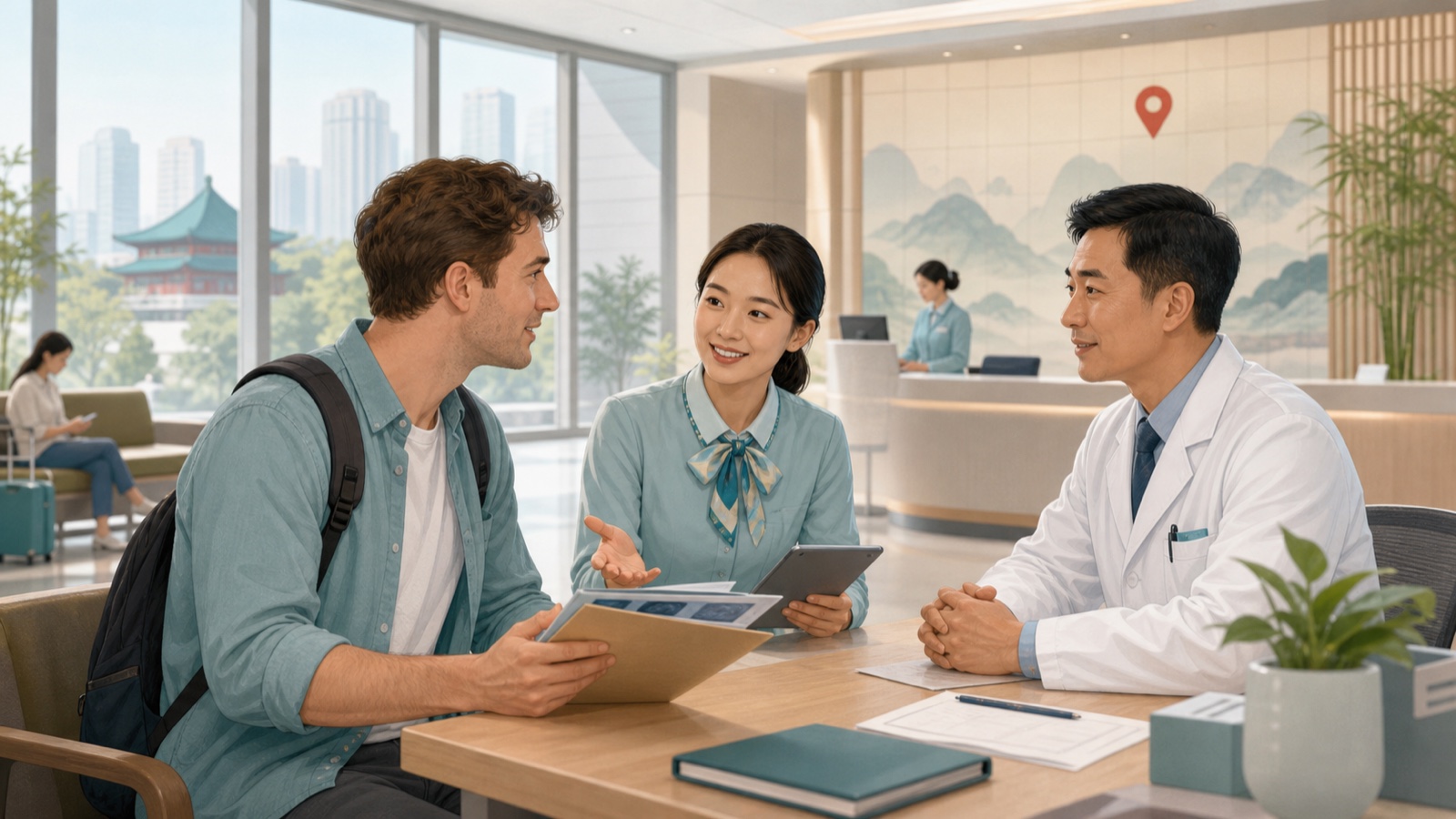 International patient discussing medical records with a doctor and bilingual hospital coordinator in China