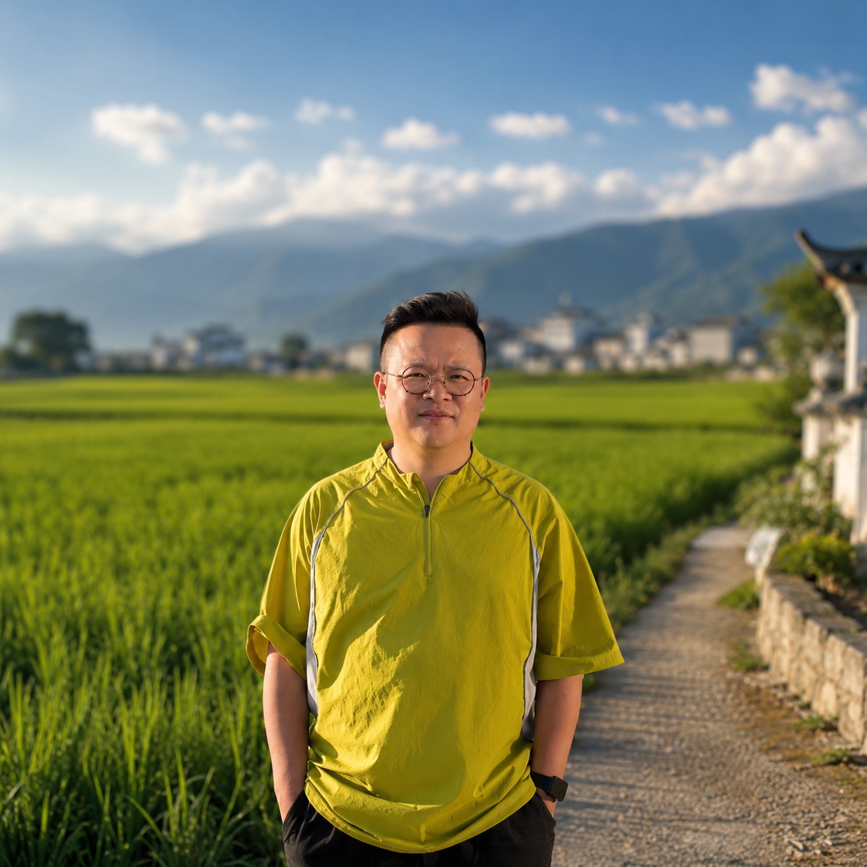 Alex standing beside a green rice field with mountains beyond